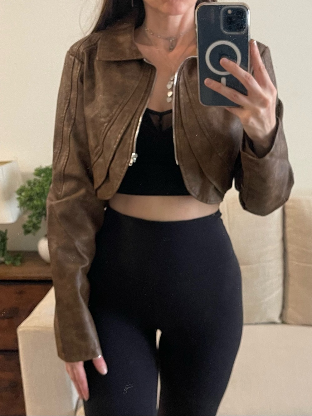 Fashion Nova Distressed Brown Faux Leather Cropped Jacket S